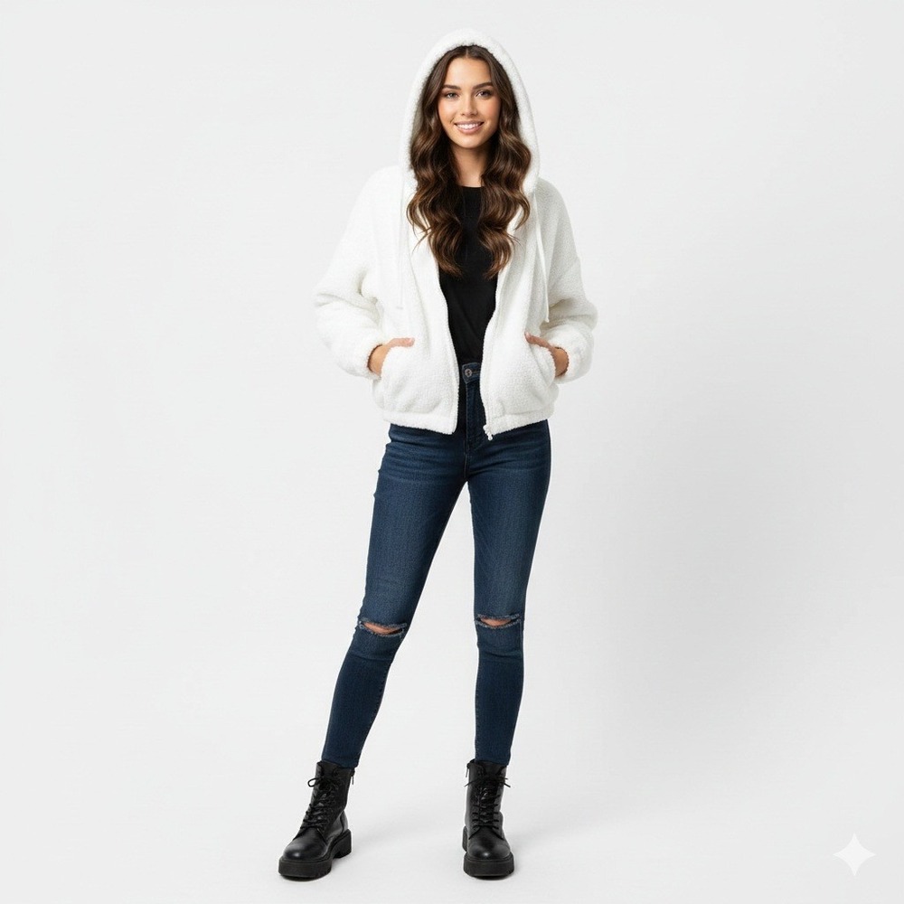 Aeropostale Teddy Jacket Womens XS White Faux Fur‎ Warm Fuzzy Soft Lounge